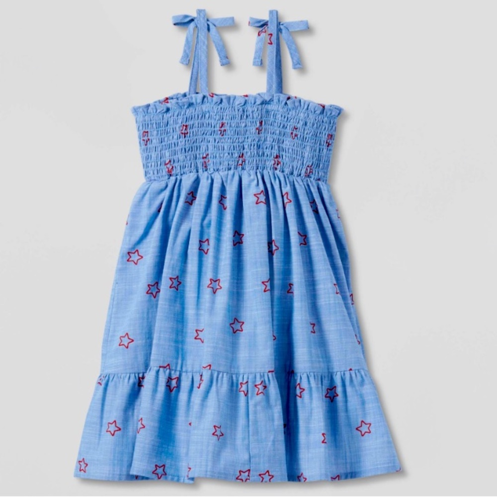 NWT🆕, Cat and Jack, infant/Toddler Smocked top, Blue Chambray Red Stars Dress